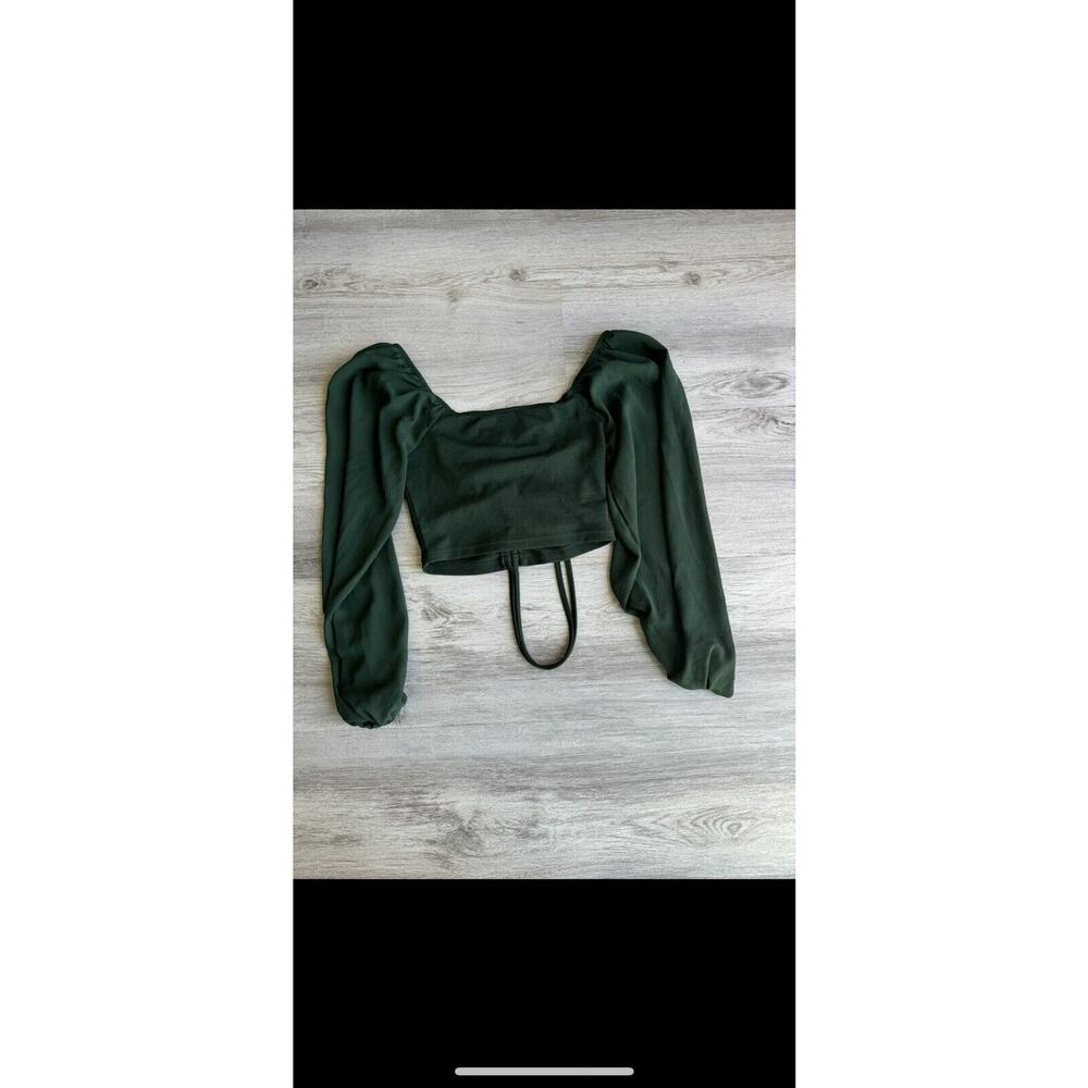 Sheer Arms Crop Long Sleeve Balloon Sleeves Tie Back Top Shirt Blouse Women #467